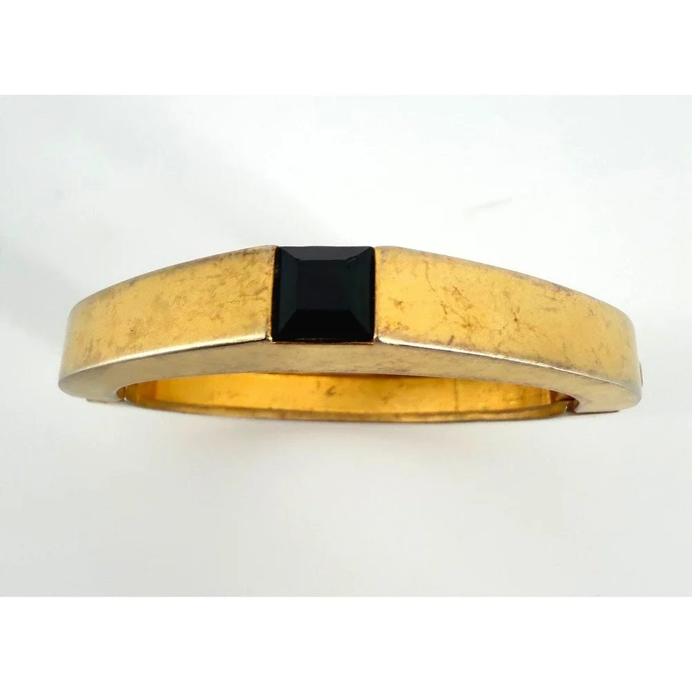 Vintage Gold Tone Hinged Bangle Bracelet Square Black Stone Geometric Cuff